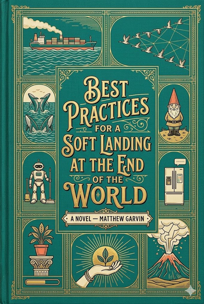 Best Practices for a Soft Landing at the End of the World — ornate gold-on-teal book cover with paneled vignettes: a container freighter, seabirds in network formation, breaching whales, a garden gnome, a janitor robot, a smart fridge, and a volcano